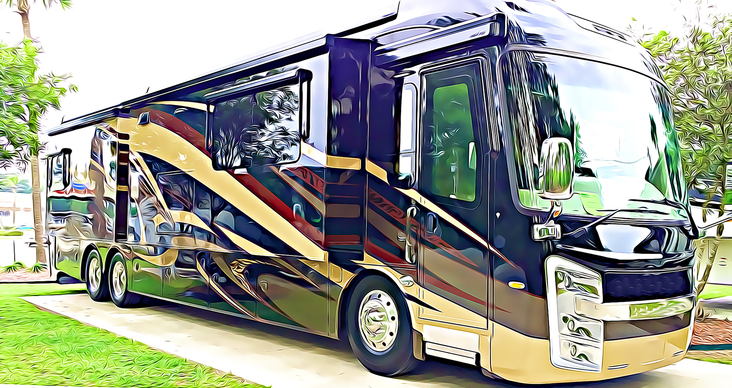 Luxury Motorhome recreational vehicle RV parked at campground on a concrete pad